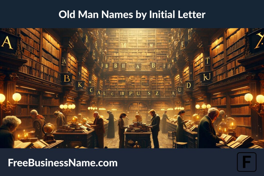 a cinematic image inspired by the concept of "old man names by initial letter," set in an enchanting, old-fashioned library.