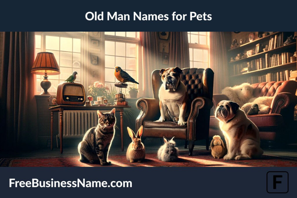 a cinematic image inspired by the concept of "old man names for pets," featuring a variety of pets in a cozy, vintage setting.