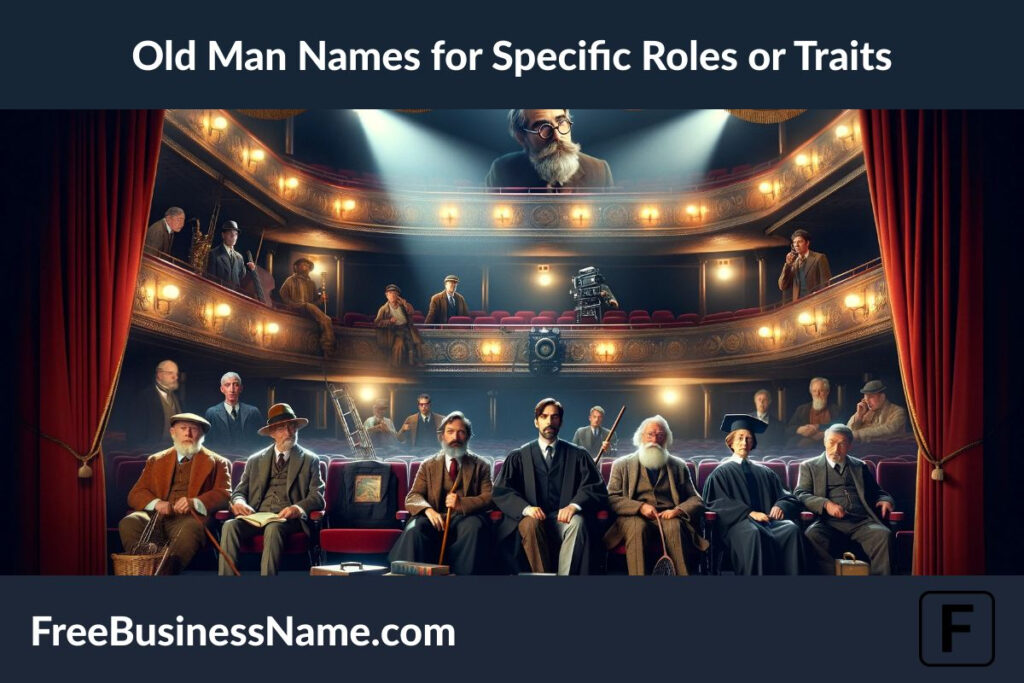a cinematic image inspired by the concept of "old man names for specific roles or traits," set in a grand, vintage theater.