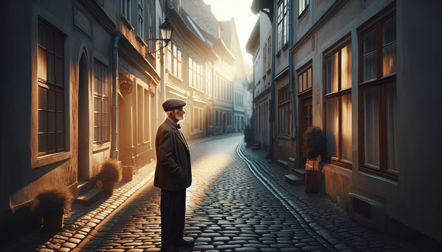 a cinematic image inspired by old man names. It captures an elderly man standing alone on a cobblestone street in a quaint old European village during early morning. The atmosphere is serene, reflecting a sense of nostalgia and timelessness.