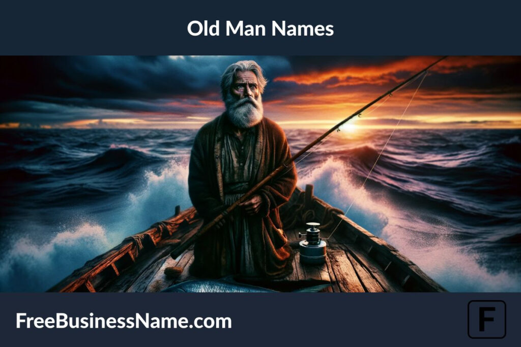 a cinematic image inspired by the concept of an "old man and the sea," set at twilight. This visual interpretation captures the essence of the theme with its dramatic colors and the depiction of the old man in his element, amidst the ocean.