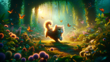 a cinematic image inspired by the concept of orange cat names, set in a lush green garden at twilight. The scene captures the playful essence of an adorable, fluffy orange cat as it chases butterflies, surrounded by vibrant greenery and flowers. The warm and inviting colors highlight the cat's charming nature.