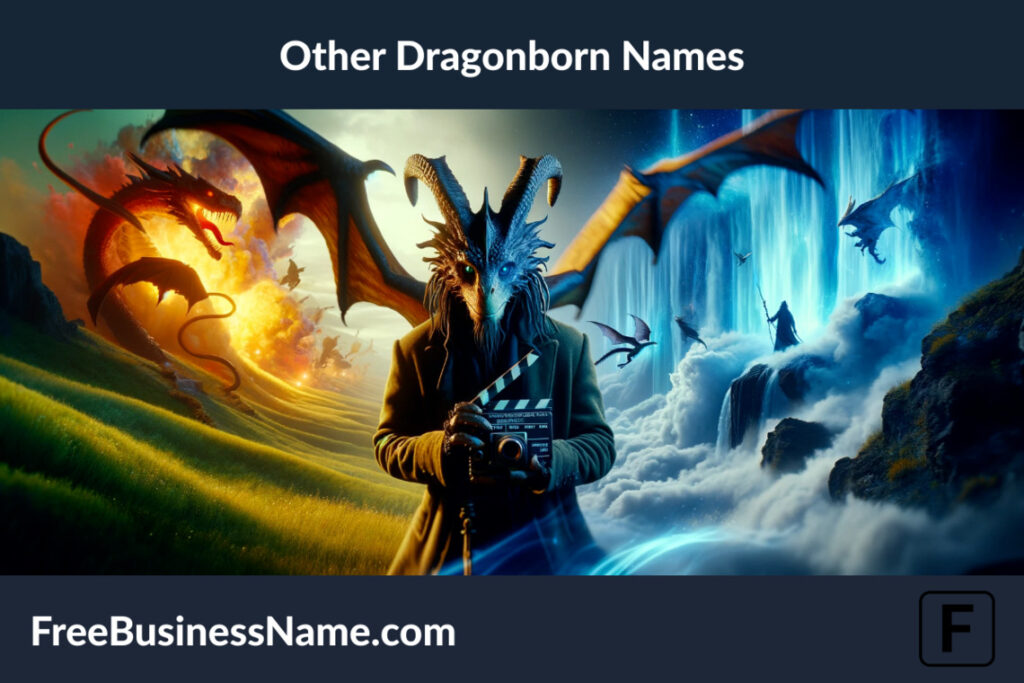 a cinematic portrayal of the concept of 'Other Dragonborn Names', showcasing diverse and unconventional aspects of dragonborn characters in imaginative settings.