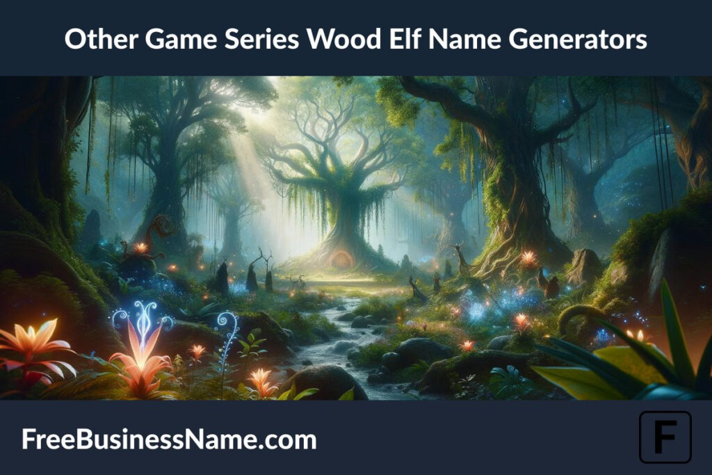 the cinematic image inspired by fantasy video games, capturing the theme of a Wood Elf Name Generator. This scene portrays a magical forest, filled with mystical light, ancient trees, exotic plants, and a hidden glade illuminated by ethereal lights. It includes elements like glowing flowers, shimmering streams, and woodland creatures, creating a sense of wonder and enchantment typical of a magical woodland setting.