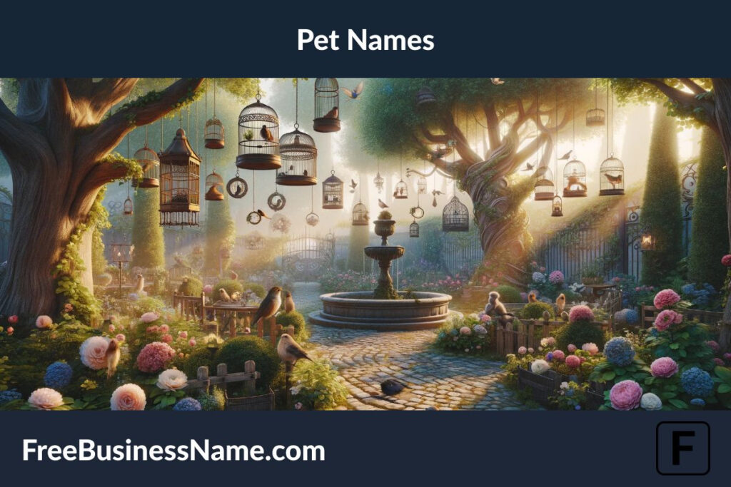 a cinematic image that brings to life a whimsical garden at dawn, blending the charm of pet names with the elegance of old lady names. This magical scene captures vintage birdcages hanging from ancient trees, the air filled with the scent of heirloom flowers, and a quaint, ornate fountain at the heart of a cobblestone path, symbolizing the timeless bond between pets and their namesakes.