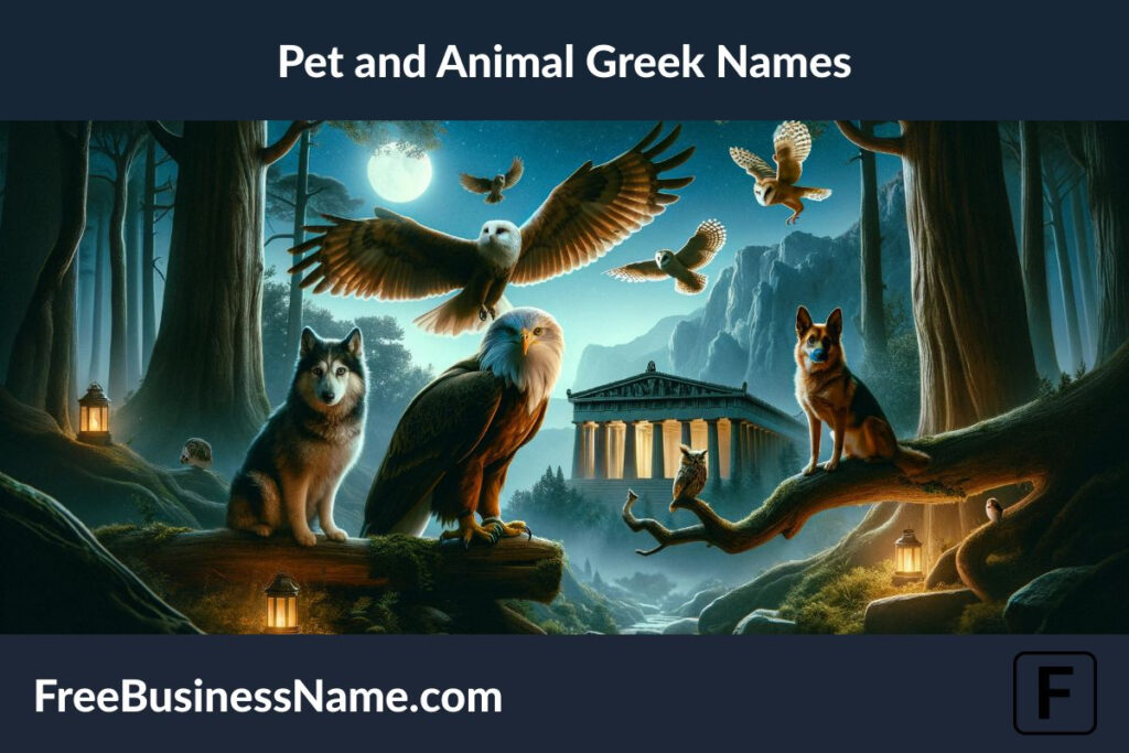 The cinematic image inspired by Greek names commonly given to pets and animals has been created. It features animals in a mystical forest setting, each representing the essence of Greek names through their presence and symbolism.