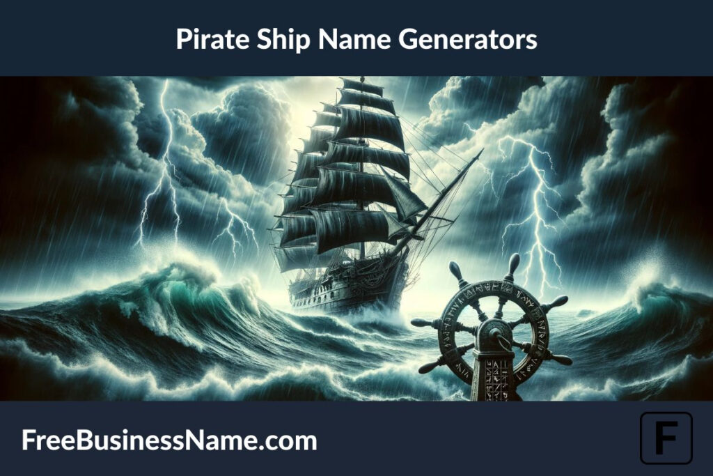 The cinematic image capturing the essence of a Pirate Ship Name Generator is ready, depicting an epic scene with a grand pirate ship navigating through a stormy sea. This artwork is designed to evoke the spirit of adventure and the thrill of the high seas.