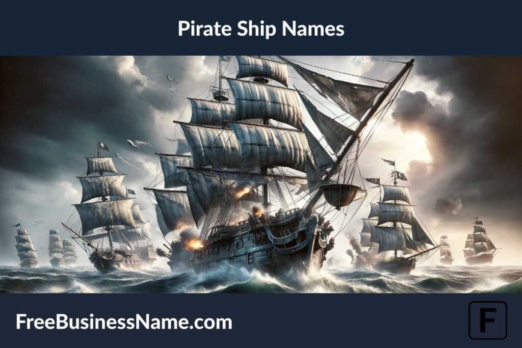 The cinematic image capturing the essence of pirate ships engaged in a fierce battle on the high seas has been created, focusing on the ships' rugged designs and the intense action of the scene, all without including any letters, numbers, or names.