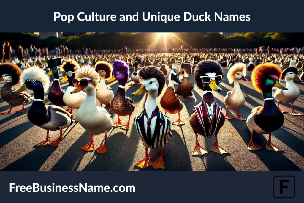 The cinematic image inspired by pop culture and unique duck names has been created, featuring ducks disguised as iconic figures from pop culture, set in a lively city park. Dive into this imaginative scene!