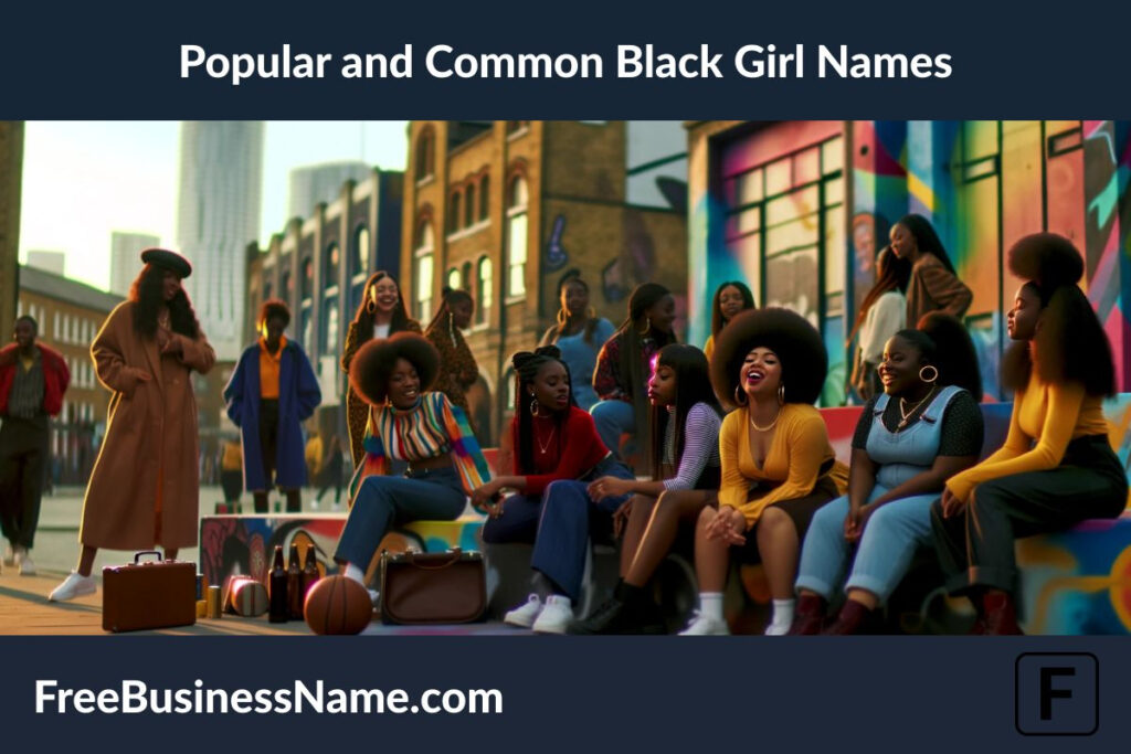 the cinematic image that captures the essence of unity, diversity, and the vibrant spirit often associated with popular and common names for Black girls. The scene showcases a group of girls in a dynamic and lively urban setting.