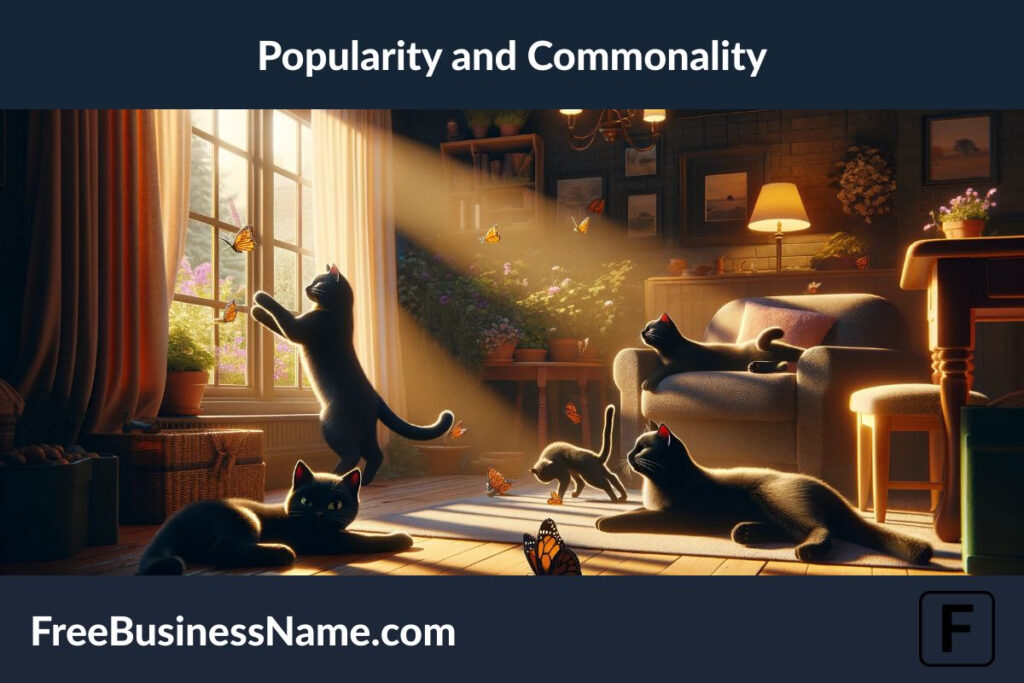 a cinematic image inspired by the concept of popularity and commonality in black cat names. The scene features black cats in everyday, relatable activities, set in a warm and familiar environment. The soft lighting adds to the homely and inviting atmosphere, making the scene feel welcoming and familiar.