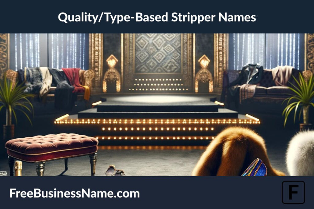 Here is a cinematic image that visually interprets the concept of quality/type-based stripper names, showcasing elements that represent different personas.