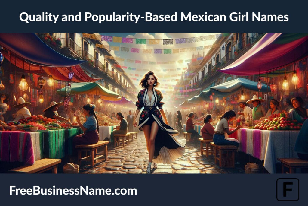 the cinematic image inspired by quality and popularity-based Mexican girl names. The scene captures the vibrancy and dynamism of Mexican culture, showcasing a lively marketplace setting.