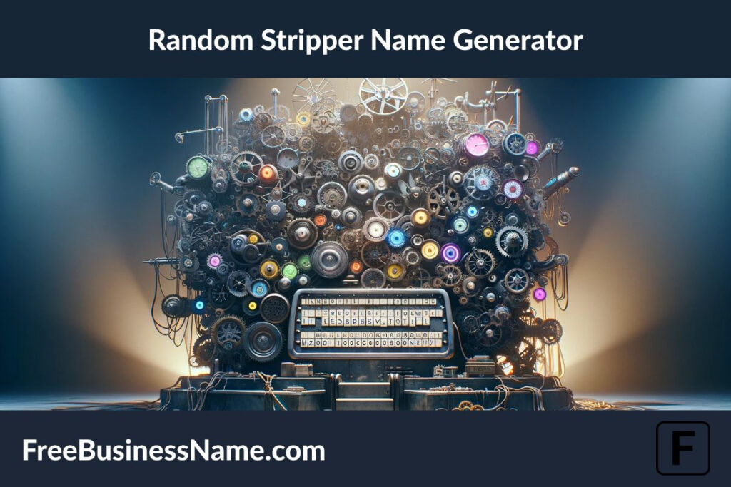 Here is the cinematic, widescreen image visualizing the concept of a 'Random Stripper Name Generator', presented in a 16:9 aspect ratio. The scene features a large, imaginative machine with eclectic elements like diverse gears, whimsical dials, and multicolored lights, set in a softly lit, enigmatic room. A spotlight casts dramatic shadows, emphasizing the machine's complex and quirky design, creating an aura of unpredictability and creativity.