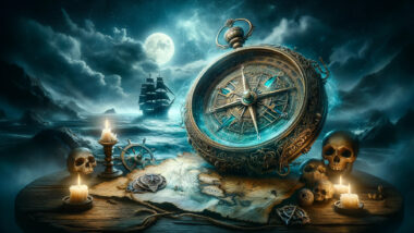 a cinematic image capturing the essence of a ship name generator, set in a mystical scene at sea under a moonlit sky. This artwork embodies the magic and mystery of nautical adventures, featuring an ancient compass and a map surrounded by the enigmatic allure of the ocean.