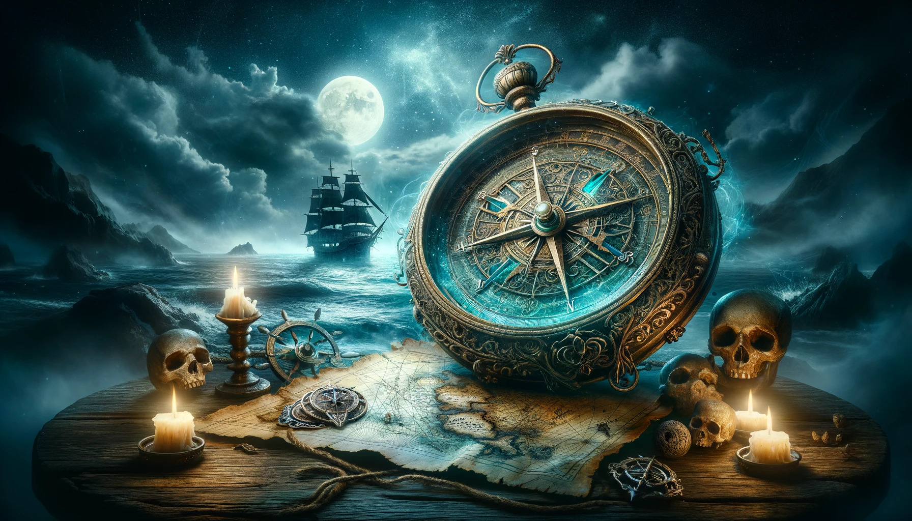 a cinematic image capturing the essence of a ship name generator, set in a mystical scene at sea under a moonlit sky. This artwork embodies the magic and mystery of nautical adventures, featuring an ancient compass and a map surrounded by the enigmatic allure of the ocean.