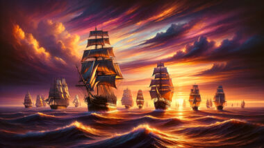 a cinematic image capturing a fleet of majestic ships sailing across a dramatic seascape at dusk. The image showcases the beauty and variety of the vessels as they navigate through the shimmering sea, under a sky painted with a blend of warm hues.