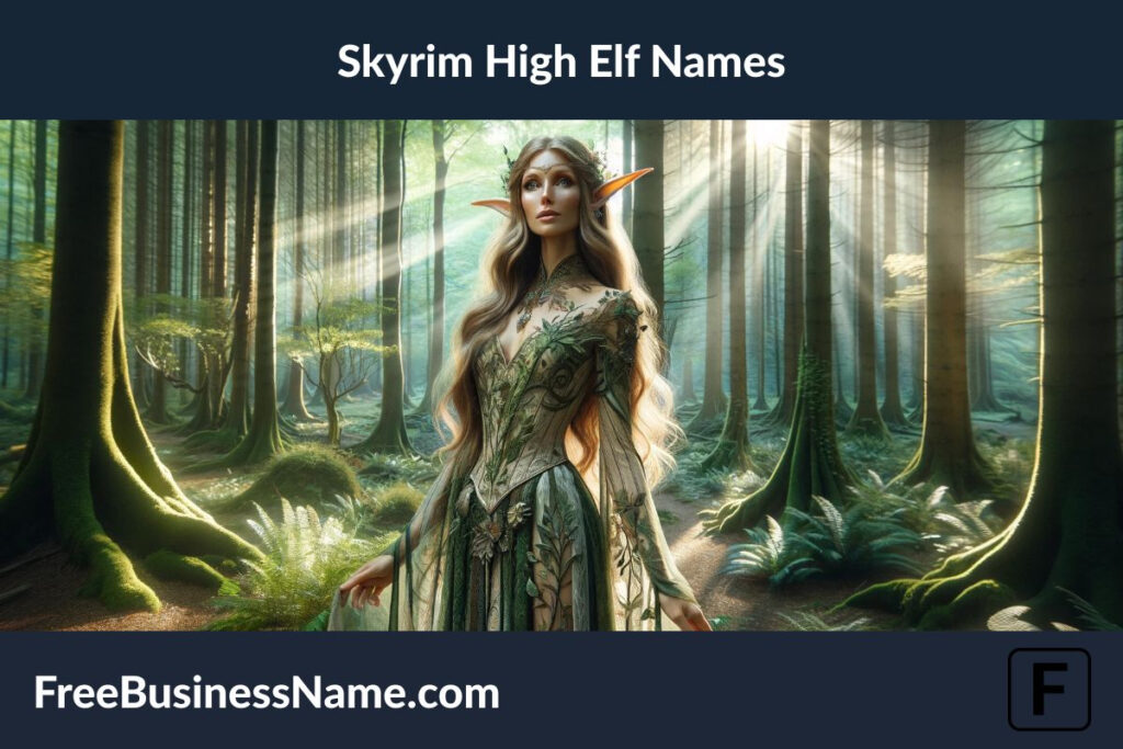 the image of a high elf in an enchanting forest setting, designed to capture the essence of grace and connection to nature.
