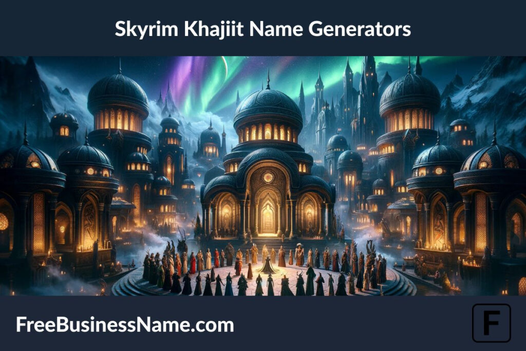 Here is the cinematic image inspired by the concept of Khajiit Name Generators, set in a fantastical landscape. The scene captures the magical and mysterious essence of the Khajiit culture.