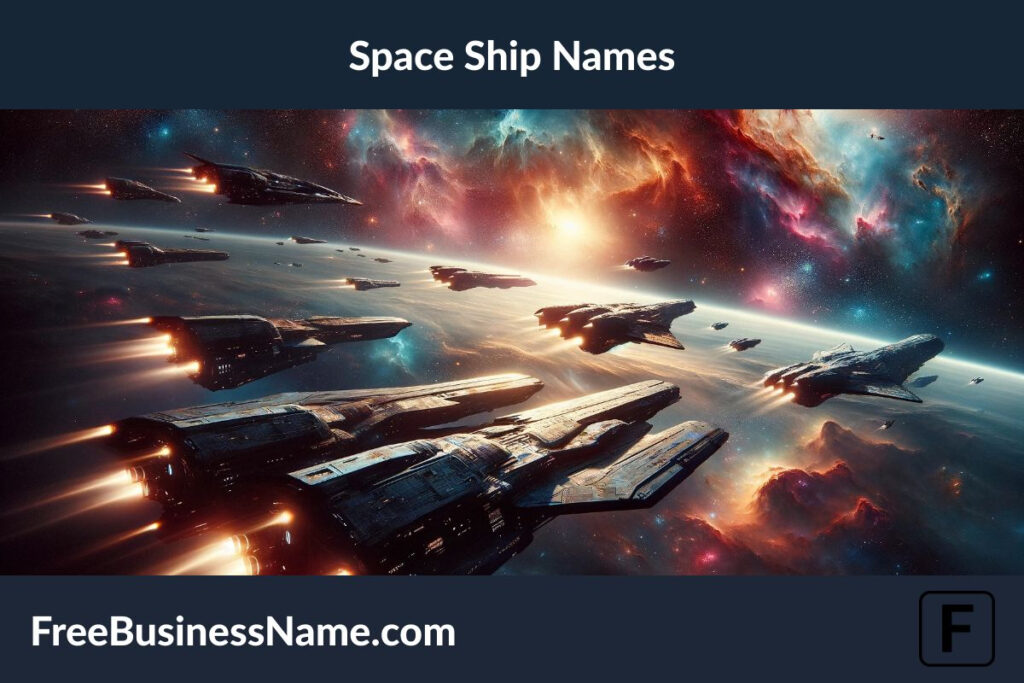an image that captures the breathtaking scene of futuristic space ships gliding through the cosmos, designed to evoke the essence of exploration and adventure in the vastness of space, without any visible letters, numbers, or names.