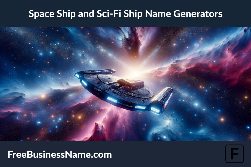 The cinematic image capturing the essence of a Space Ship and Sci-Fi Ship Name Generator is ready, showcasing a breathtaking scene set in the depths of space. This artwork is designed to inspire thoughts of exploration and the vast potential of the cosmos.