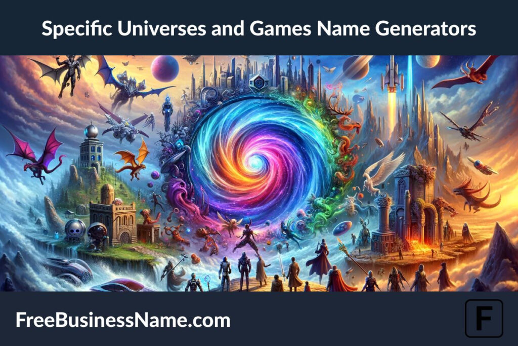 The cinematic image capturing the essence of Specific Universes and Games Name Generators is ready, showcasing a dynamic scene where multiple universes and game realms collide. This artwork is designed to ignite the imagination, perfect for inspiring names in various video game and fantasy settings.