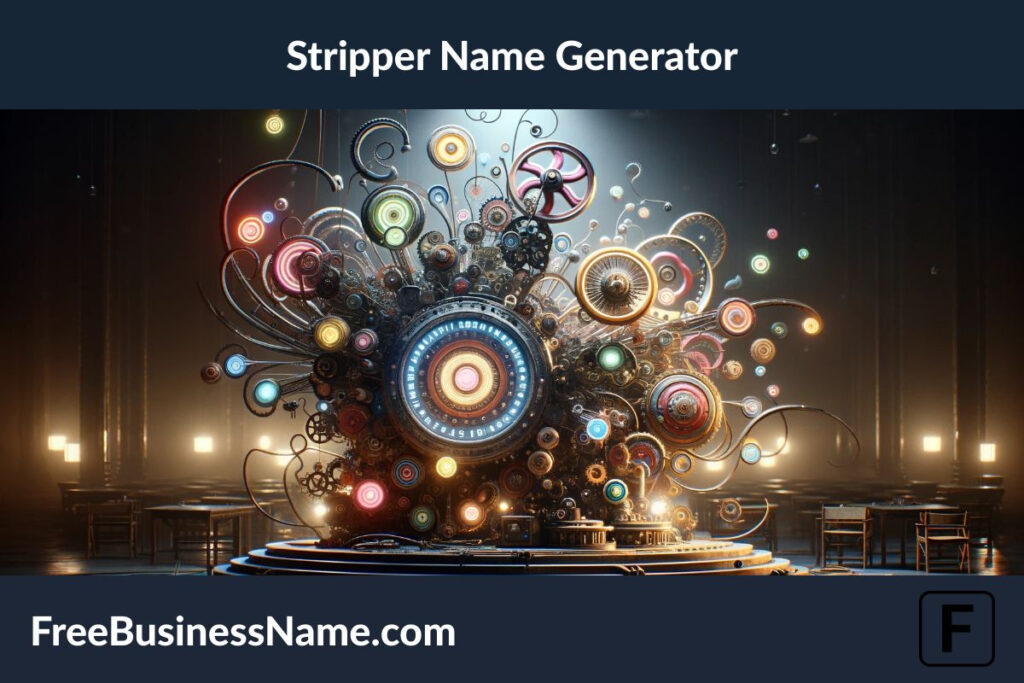 Here is the cinematic, widescreen image depicting the concept of a 'Stripper Name Generator', designed in a 16:9 aspect ratio. The image features a large, whimsical machine with abstract components like colorful gears, spinning wheels, and glowing lights, set in an atmospheric, dimly lit room. The machine's elaborate design is highlighted by a single spotlight, creating a sense of intrigue and fantasy.