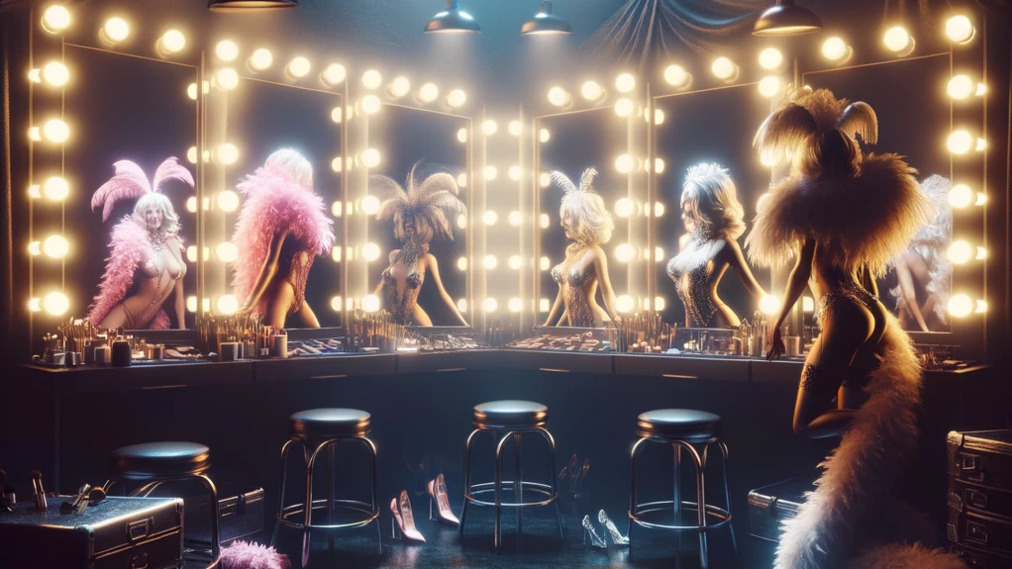 The scene is set in a glamorous dressing room, with makeup mirrors reflecting various personas associated with the theme.