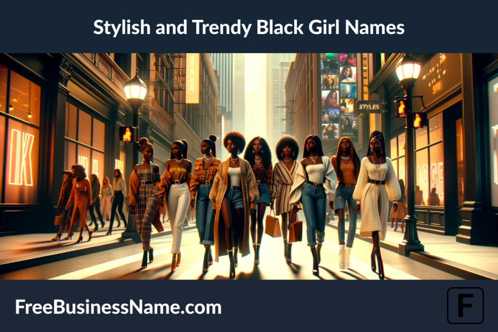 the cinematic image inspired by stylish and trendy names for Black girls, featuring a group of girls exuding confidence and style in a vibrant urban setting.