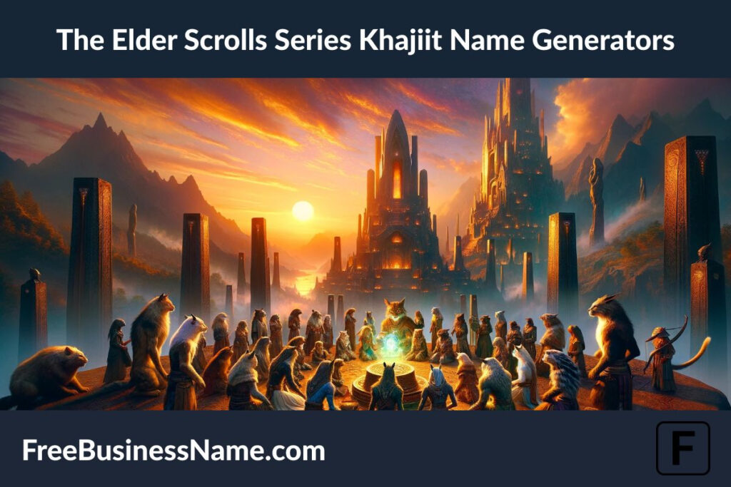 Here is the cinematic image inspired by the theme of The Elder Scrolls Series Khajiit Name Generators, set in a grand and fantastical landscape. The scene captures the majesty and mystery of the Khajiit's rich heritage and lore.