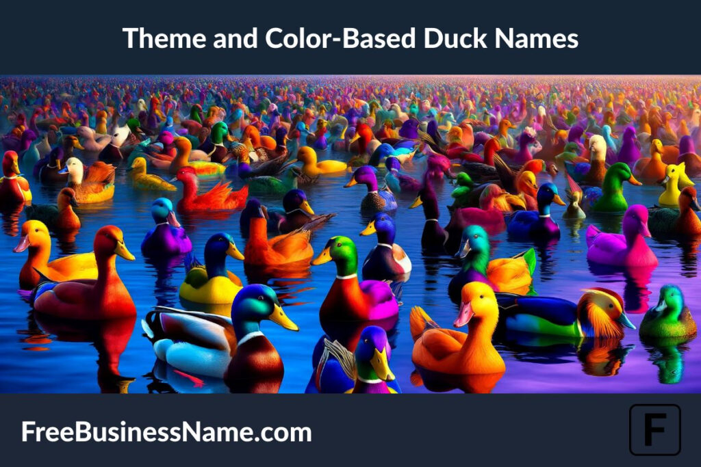 an image inspired by the theme of color-based duck names, set in a world where ducks display an extraordinary palette of colors. Enjoy this vibrant and fantastical scene!