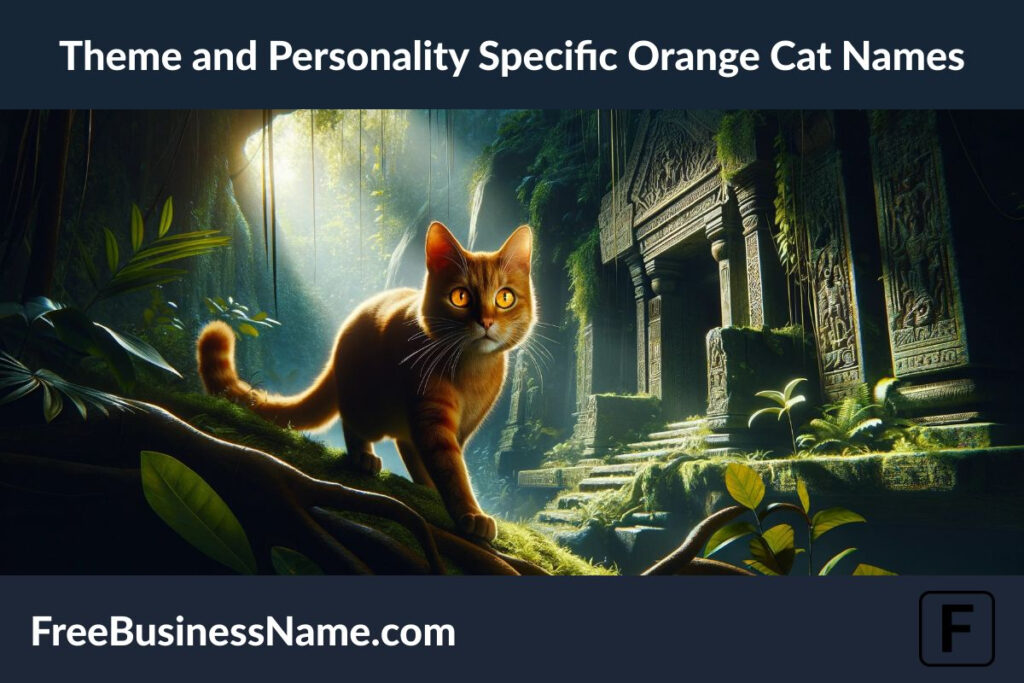 a cinematic image that embodies the theme and personality specific to orange cat names. The scene showcases an adventurous orange cat exploring an ancient, overgrown jungle temple, capturing a sense of wonder and bravery.