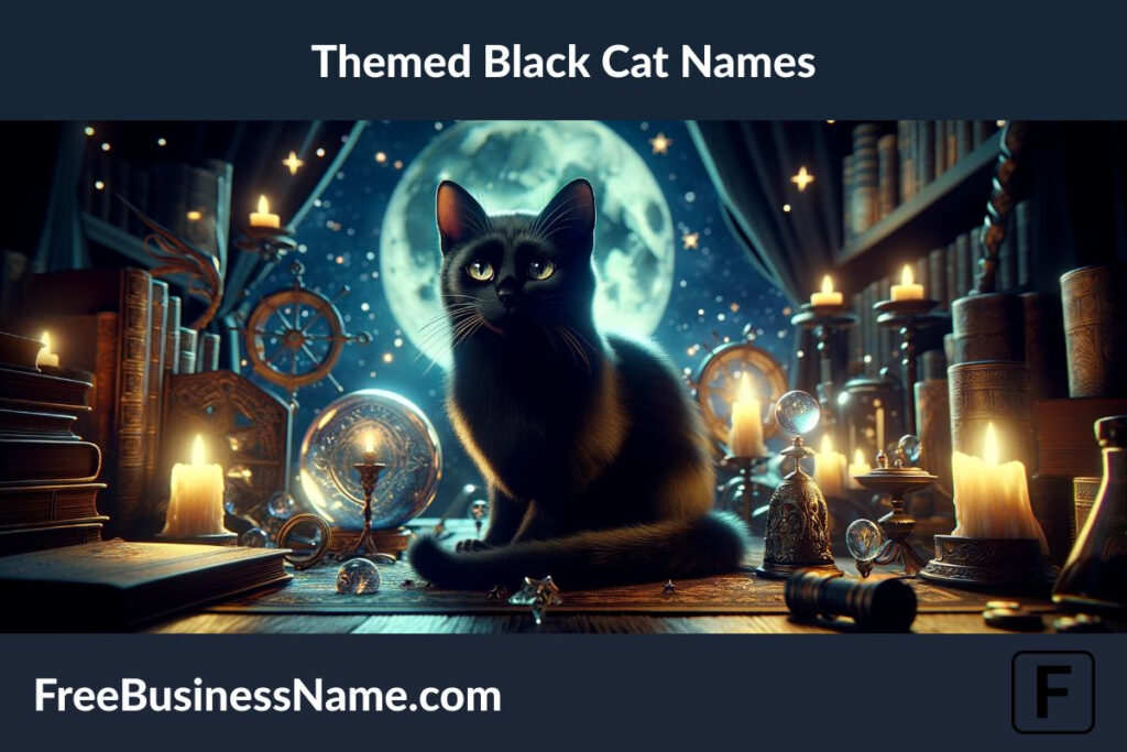 a cinematic image inspired by themed black cat names. The scene features a black cat in a mystical, fantasy-themed environment, complete with elements like a crystal ball, ancient books, and twinkling lights, set against a backdrop of a starry night sky and a glowing moon. This enchanting setting captures the essence of names inspired by magic, fantasy, and the mystical.