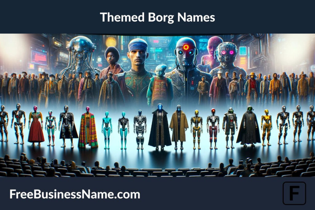 Here is the cinematic widescreen image depicting the concept of 'Themed Borg Names' in a science fiction setting.