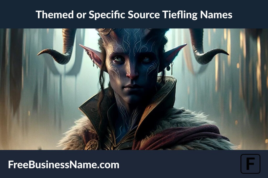 Here is the cinematic image showcasing a Tiefling character designed around a specific theme or source. The scene reflects the unique aspects of the chosen theme, with the character's appearance and surroundings embodying the thematic style.