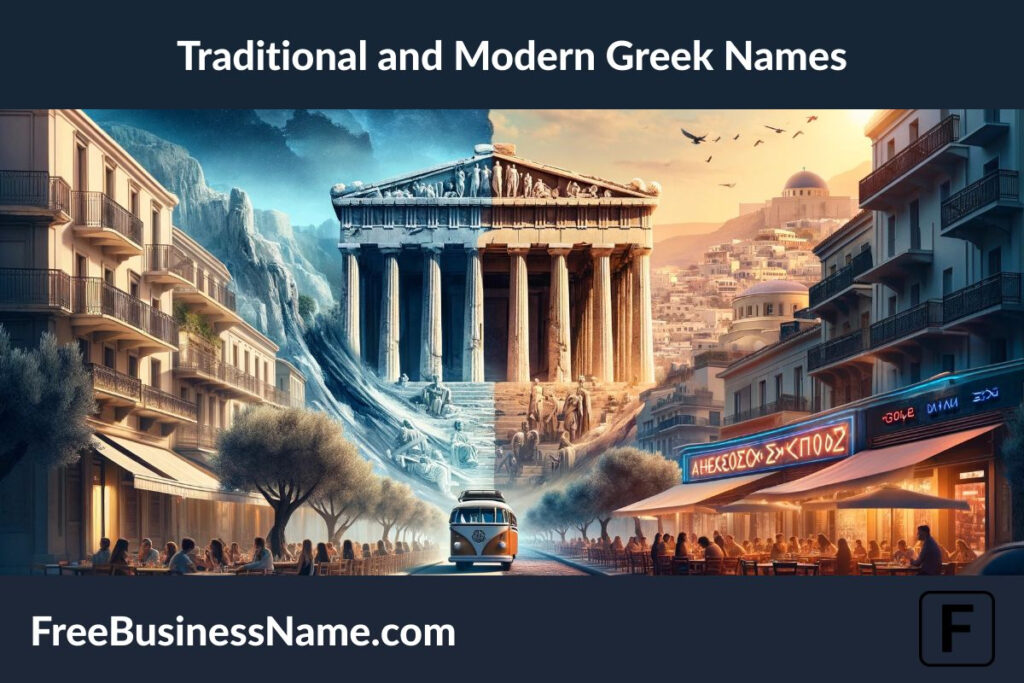The image representing a blend of traditional and modern Greek names through a cinematic landscape has been created for you.