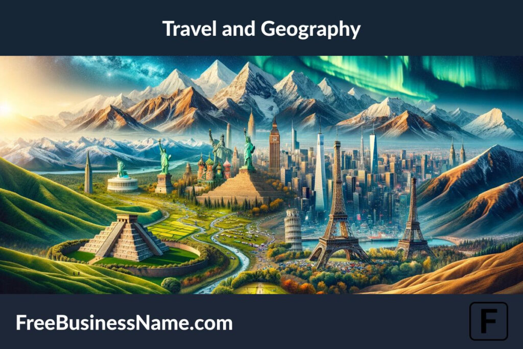 an image that embodies the spirit of travel and geography, featuring iconic landmarks from around the world set against a backdrop that transitions through various natural landscapes, all without including any letters, numbers, or names.