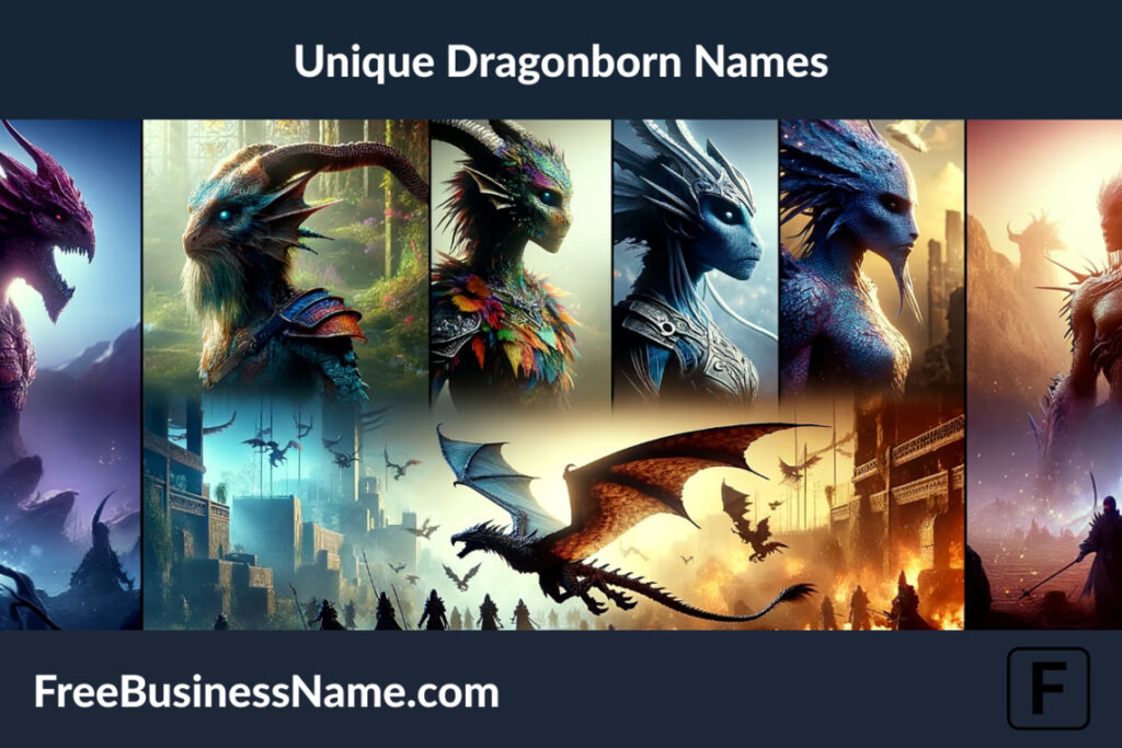 a cinematic portrayal of the concept of Unique Dragonborn Names, showcasing dragonborn characters with individual and distinctive traits in a fantasy universe.