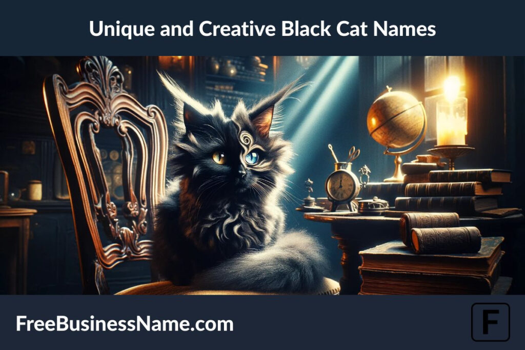 a cinematic image inspired by unique and creative black cat names. The scene is whimsical and imaginative, featuring a black cat with an extraordinary appearance, including mismatched eyes and subtly patterned fur. The cat is perched in an antique-filled room, with the soft, atmospheric lighting enhancing the mystical ambiance.