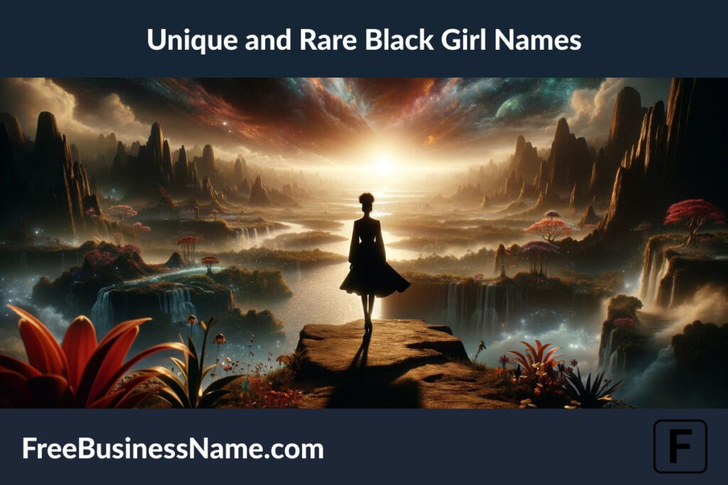the cinematic image that reflects the uniqueness and rarity often associated with unique and rare names for Black girls. The scene depicts a solitary girl in a mystical landscape, conveying a sense of wonder and individuality.