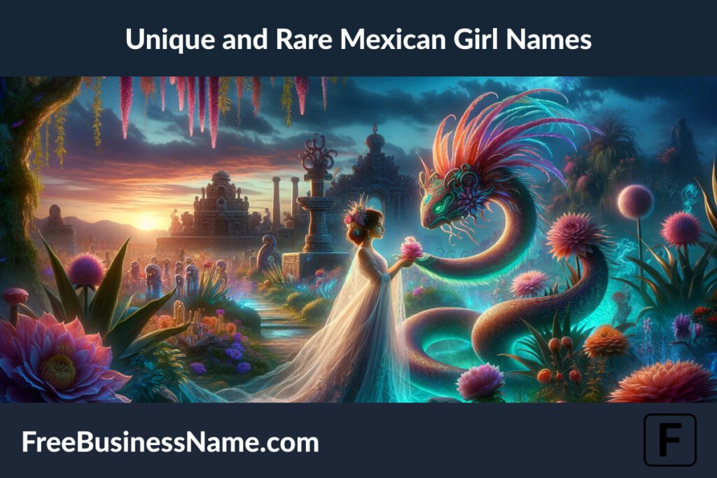 the cinematic image inspired by unique and rare Mexican girl names, designed to evoke a sense of magic and mystery. The scene blends elements of Mexican culture and mythology, creating an enchanting and serene atmosphere.