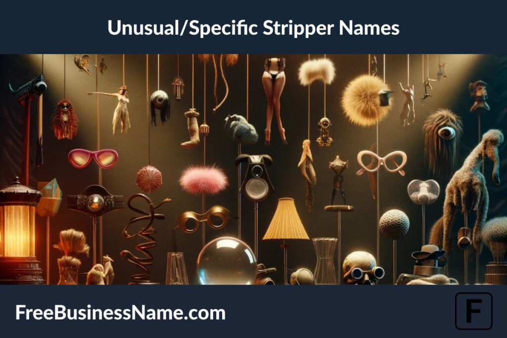 Here's a cinematic image that creatively captures the theme of unusual and specific stripper names, featuring a variety of unique and imaginative elements.