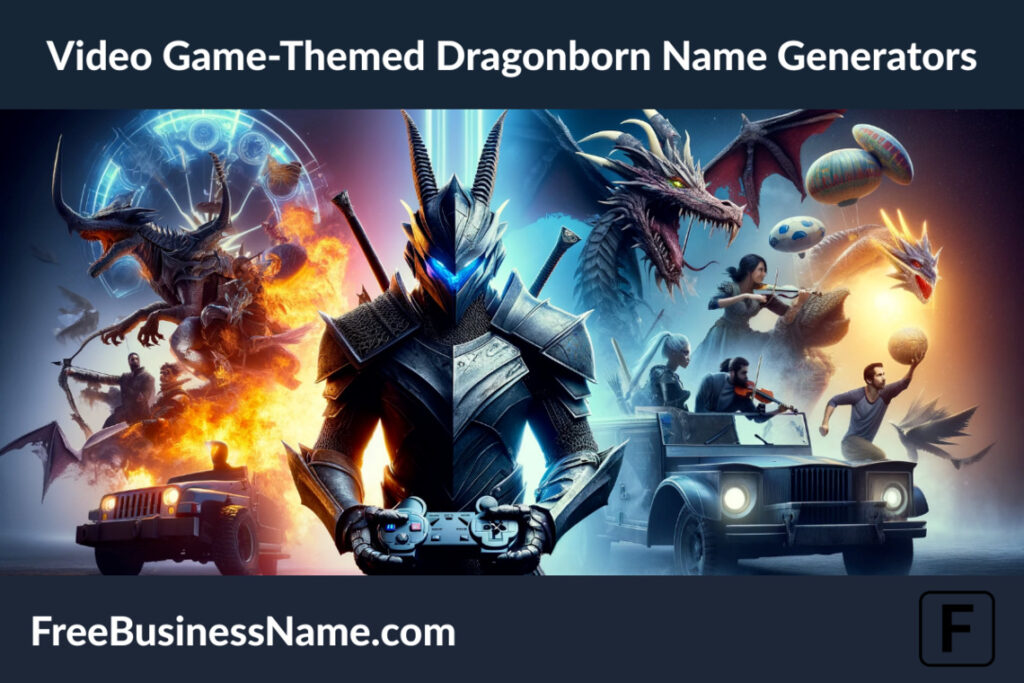 a cinematic portrayal of the concept of Video Game-Themed Dragonborn Name Generators, featuring dragonborn characters blended with elements from popular video games, embodying a mix of fantasy and gaming elements.