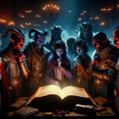 the cinematic image depicting a group of tieflings gathered around an ancient, glowing book in a dimly lit library. This scene captures the mystery and magic associated with tieflings in a fantasy setting.