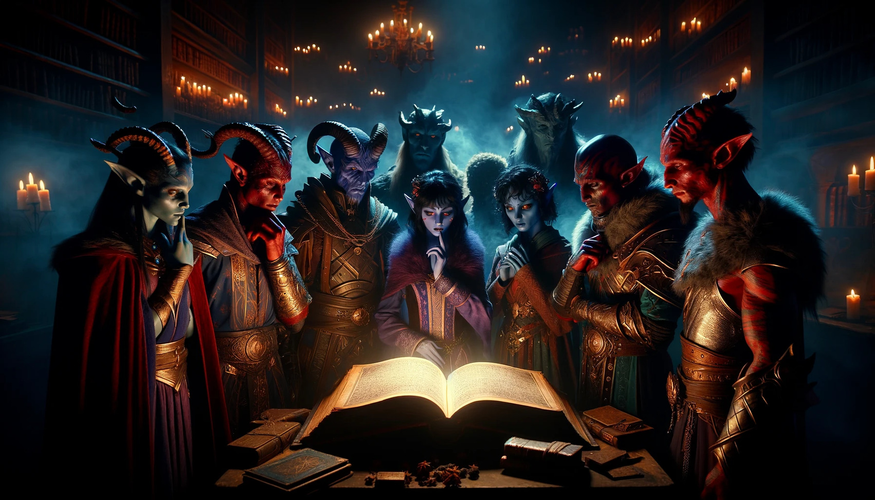 the cinematic image depicting a group of tieflings gathered around an ancient, glowing book in a dimly lit library. This scene captures the mystery and magic associated with tieflings in a fantasy setting.
