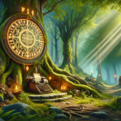 Here is a cinematic image depicting a mystical forest setting with a fantasy theme, suitable for the concept of a wood elf name generator. This enchanting scene captures the essence of a magical forest, complete with an ancient tree, glowing runes, and a magical device. The serene and captivating environment is brought to life with wood elves in the background, adding to the fantasy atmosphere.
