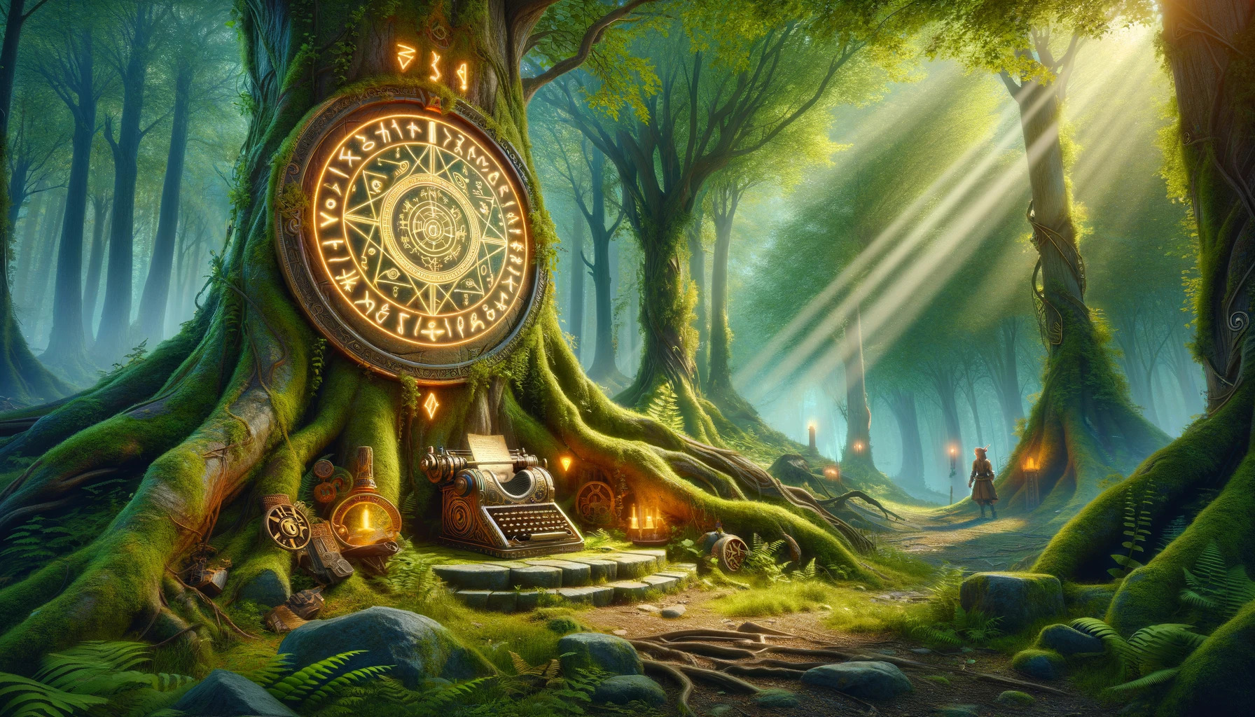 Here is a cinematic image depicting a mystical forest setting with a fantasy theme, suitable for the concept of a wood elf name generator. This enchanting scene captures the essence of a magical forest, complete with an ancient tree, glowing runes, and a magical device. The serene and captivating environment is brought to life with wood elves in the background, adding to the fantasy atmosphere.