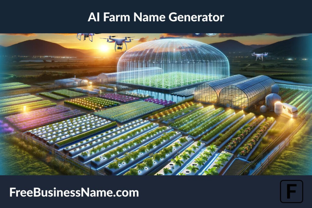 a cinematic image that captures the essence of a futuristic farm, inspired by the AI Farm Name Generator concept. The scene blends advanced technology with agricultural innovation, showcasing a harmonious and sustainable future.