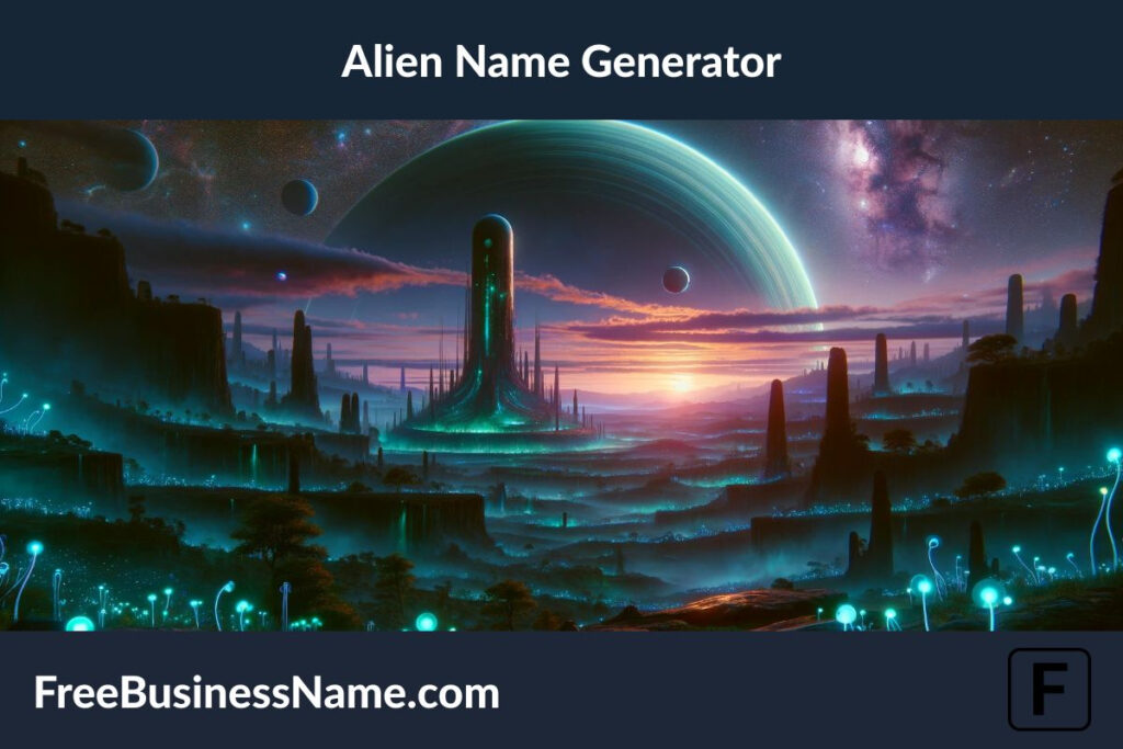The image inspired by the concept of an Alien Name Generator has been created. It visualizes a mysterious alien landscape that seems both inviting and impossibly alien.
