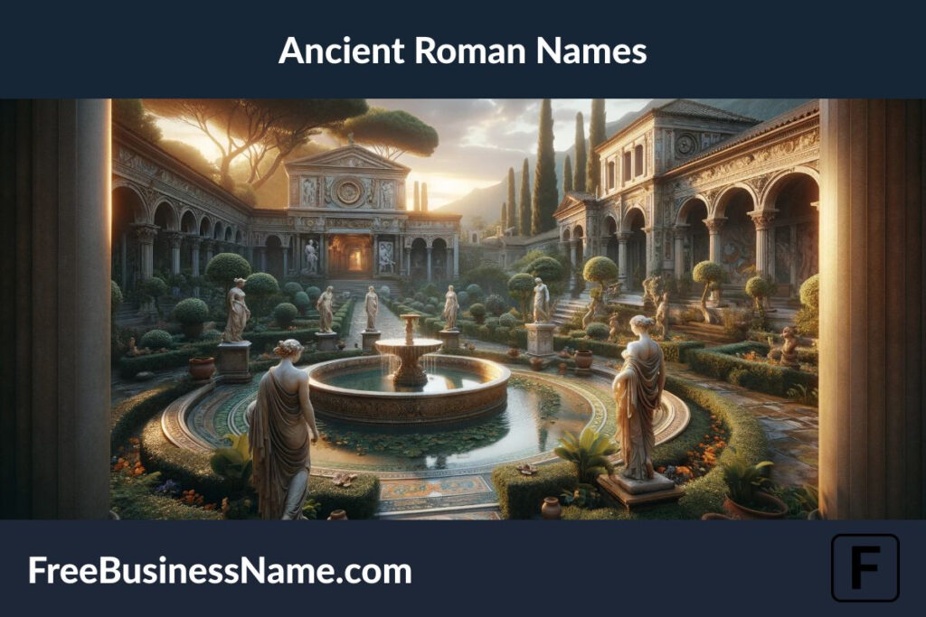 Envisioning a scene that brings to life the spirit and grandeur of ancient Rome, inspired by ancient Roman names. The setting is a Roman villa at sunrise, showcasing the architectural beauty and serene atmosphere of the time.